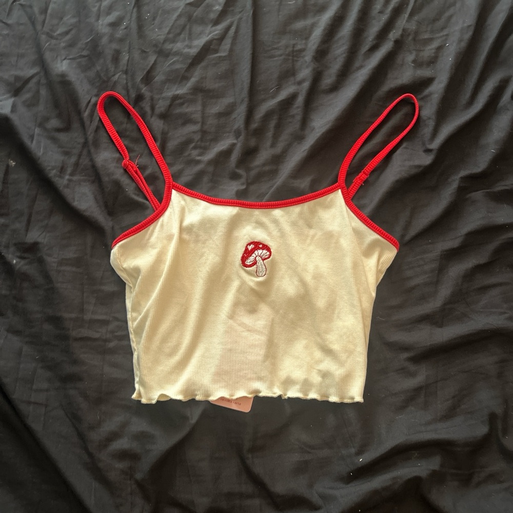 SHEIN Cream and Red Tank Top with Mushroom Embroidery